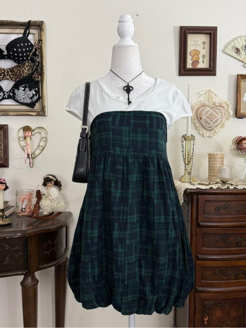 Girly grunge plaid layered t shirt style babydoll dress w bubble hem | size XS/S